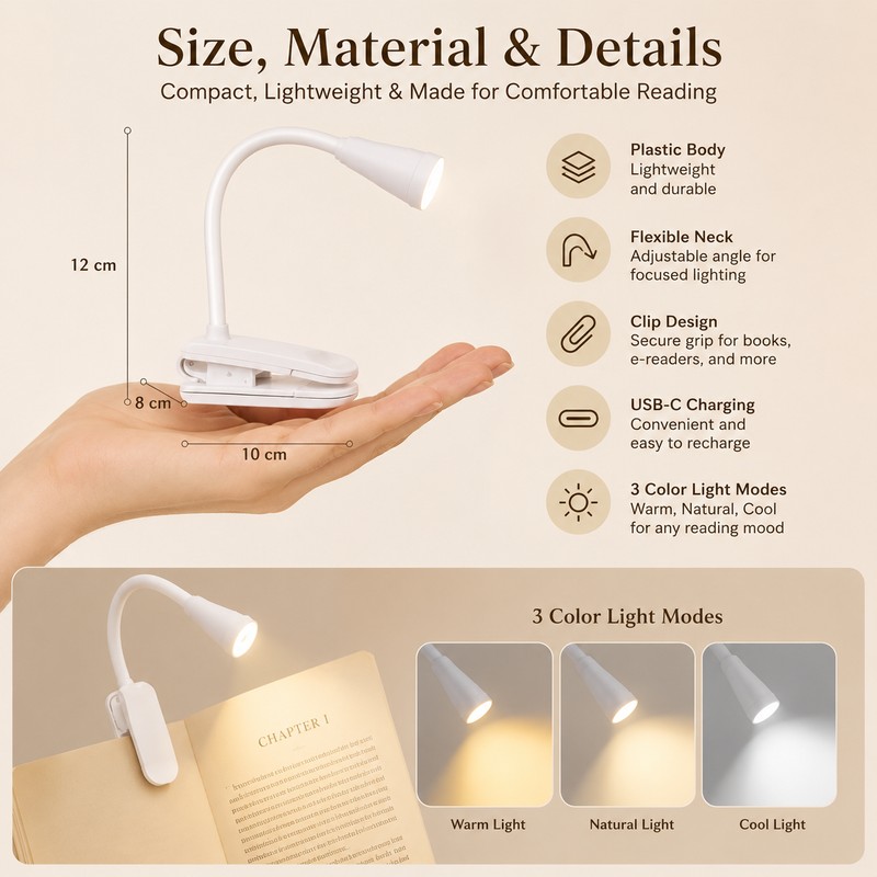 Rechargeable Book Light for Reading – 3-Color Dimmable LED Clip