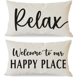 HERHOME Welcome to Our Happy Place Relax Decorative Throw Pillow Covers 12x20 Inch Set of 2 Sayings Outdoor Modern Farmhouse Decor Cozy Lumbar Cushion Case Decoration for Home Sofa Couch Living Room