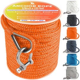 VEITHI Boat Anchor Rope 100 ft x 3/8 inch Orange, Double Braided Anchor Line with Stainless Steel Thimble & Shackle, Marine Rope Ideal for Towing,Mooring,Decks,Anchoring,for Boats Up to 27'