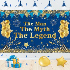 The Man The Myth The Legend Decorations Backdrop Banner, Blue Gold Glitter Birthday Party Decorations Banner for Men Dad Father's Day Backdrop for Retirement Bachelor Party Supplies