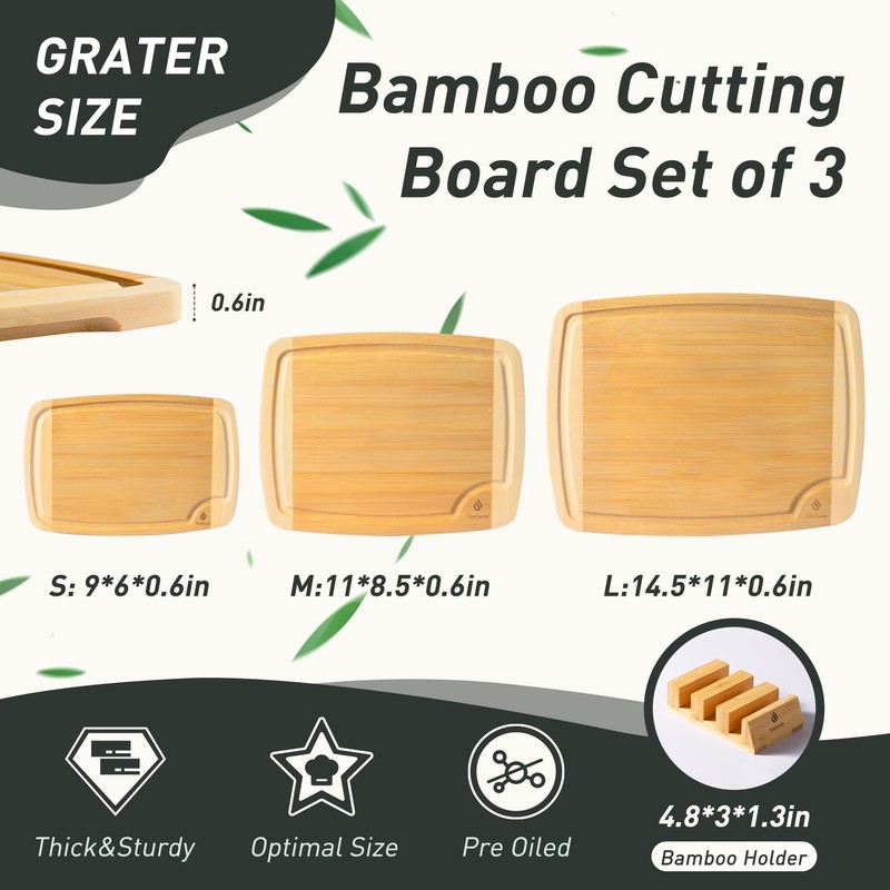 Bamboo Cutting Board Set Non Slip Feet with Holder Over