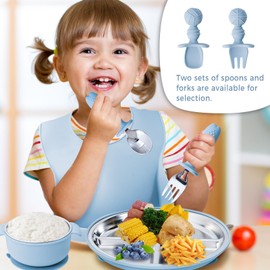 7 Pieces 304 Stainless Steel Baby & Toddler Feeding Set - Suction Divided Plates, Bowls, Silicone & Stainless Spoon Fork,Pocket Bib Unbreakable, Dishwasher Safe Kids Dinnerware Essentials (Blue)