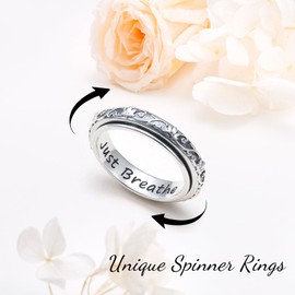 Fidget Ring S925 Sterling Silver Lotus Flower Yoga Just Breathe Anxiety Worry Band Oxidized Stress Relieving Boredom ADHD Autism Spinner Rings for Women Men,P-1/2