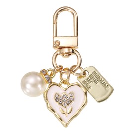 uxcell Heart Keychain Charm for Women, Metal Cute Heart Tulips & Pearl Purse Bag Charm Keychain Accessories Decor for Car Keyring Bag Purse Backpack Key Chain (White/Gold)