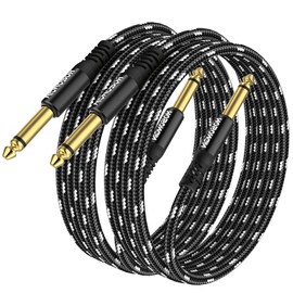 HOSONGIN Guitar Cable 2 Pack 10ft - 1/4 Inch Electric Instrument Cable Bass AMP Cord for Electric Guitar, Bass Guitar, Electric Mandolin, Pro Audio - Black/White Braided Tweed, 24K Gold Plated Plug