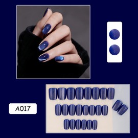 24Pcs Royal Blue Press on Nails Short Square Nails Full Cover Shine Acrylic Nails Solid Color Eye False Nails Glitter Reusable Stick on Nails Cute Press on Nails for Women and Girls Manicure Kit