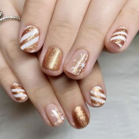 Gold Glitter Snowflake Stripe Fake Nails Glossy Christmas Press on Nails Short Square Winter Xmas Acrylic Glue on Nails for Women Girls