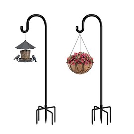 Funtife 60 in Outdoor Shepherd Hooks for Hanging Plants, Garden Adjustable Heavy Duty Hummingbird Feeder Pole Stand Hanger with Stand for Solar Lantern Flower Baskets Wind Chimes, Black 2 Packs