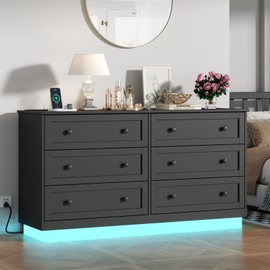 Loomie 6 Drawer Dresser with Power Outlet, Modern Chest of Drawers with Led Light, Double Wide Drawer Organizer Cabinet, Black Dresser for Bedroom, Living Room