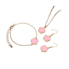 Multicolor Blossom Flower Earrings Necklace and Bracelet Set Lucky Five-leaf Clover Blossom Flower Jewelry Set for Women Gift-Pink