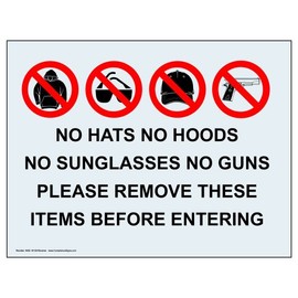 ComplianceSigns.com No Hats Hoods Sunglasses Guns Please Remove Front-Stick Window Cling, 7x5 inch Clear Vinyl