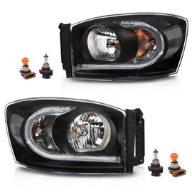CHEDA LED Front Headlights Assembly Headlamp Left+Right Side Compatible with Dodge Ram 1500 2006-2008/ Fit Ram 2500 3500 2006-2009 Clear Lens Black Housing Clear Reflector