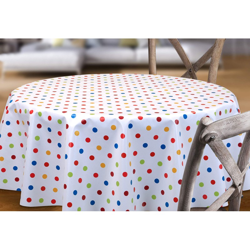 BEAUTEX White Oilcloth Tablecloth with Colourful Polka Dots, Wipe-Clean Garden