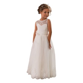 Lace Embellished A-Line Sleeveless Girls Wedding Party Dresses Size 8,Ivory