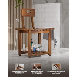 BLUEWEST 23.4'' Shower Chair with Backrest Bath Chair for Inside Shower or Tub, Heavy Duty 450 lbs Support, Non-Slip Feet, Shelf Storage, Built-in Handles for Elderly or Adults (Acacia)