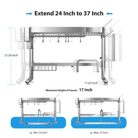 Shrivee Over The Sink Dish Drainer Drying Rack, 2 Tier Adjustable Width (20.87'' to 37.6'') 304 Stainless Steel Large Over Sink Dish Drying Rack for Kitchen Counter Organizer, (Silver)