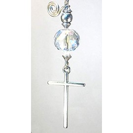 Rear View Mirror Car Accessory Ornament: Silvery Religious Christian Cross and Clear Crystal