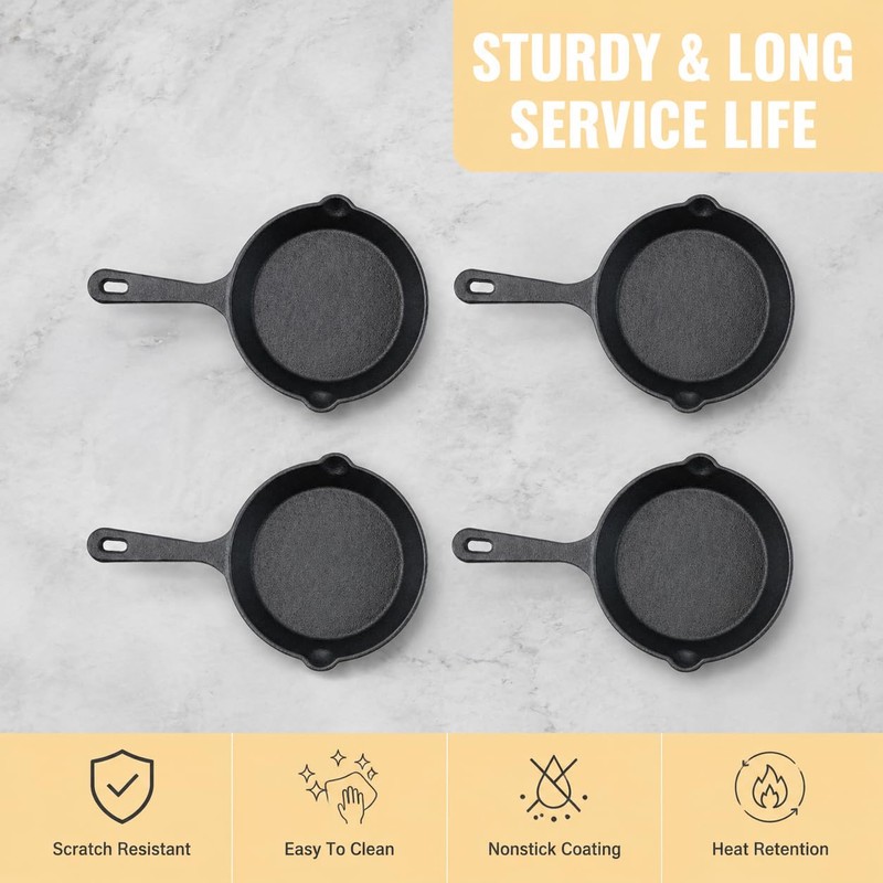 Cptoion 4 Pack Cast Iron Skillet, Small