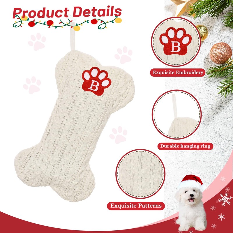 Dog Stocking with Initials，Bone Christmas Stocking with Letters,Large Knit Embroidered
