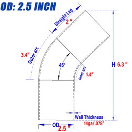 2.5 Inch 45 Degree Elbow Stainless Mandrel Bend Elbow - 2" Leg- 14GA/. 078" Wall - Thickned 2mm SS304 Stainless Steel Piping Tip for Automotive Exhaust Welding (OD: 2.5 ")