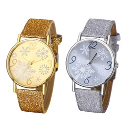 JewelryWe Christmas Watch Women's Leather Watches - Gift for Women Santa Claus Christmas Tree Sleigh Snowflake Christmas Watch Analogue Quartz Watch with Leather Strap, Set of 2 snowflakes, Strap.