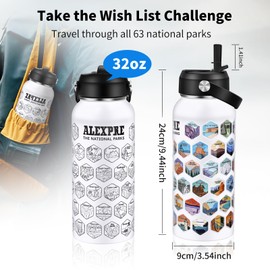 ALEXPRE 63 National Parks Water Bottle with Water Proof Stickers,32 oz Leak Proof Insulated Stainless Steel Water Bottle with Straw,National Park Gifts for Hiking,Camping&Travel（White）