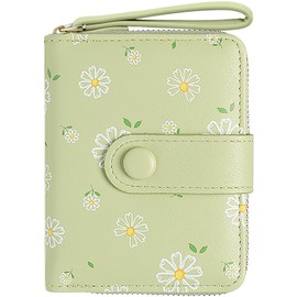 Farcauo Cartera Pequeña Con Estampado De Margaritas verde claro Cartera Mujer Bolso de Piel PU, Monedero Elegante y Práctico para Teléfono, Tarjetas y Efectivo