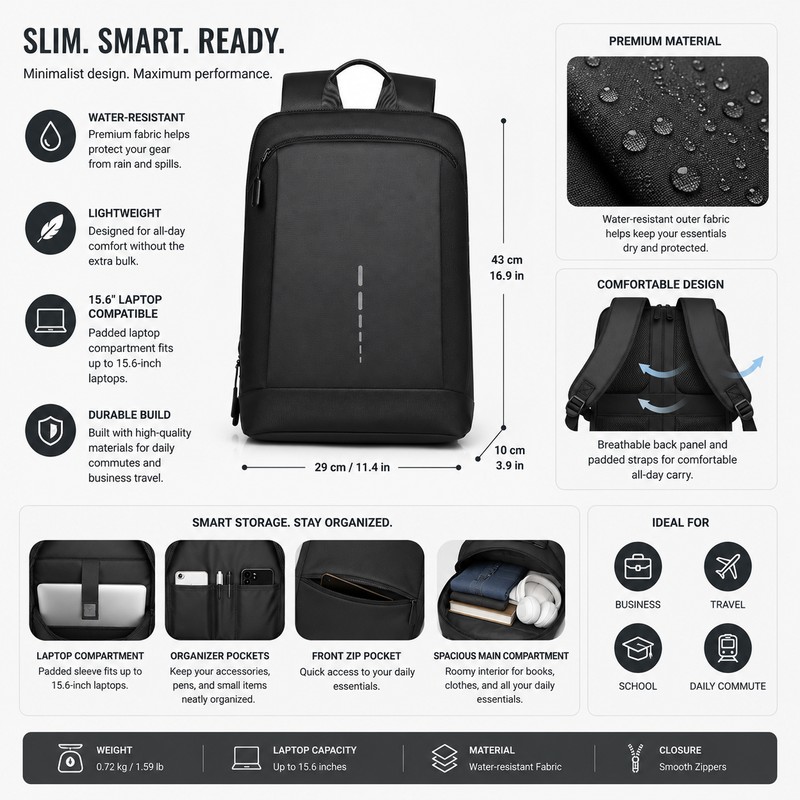 Slim Laptop Backpack for Work & Travel – Water-Resistant 15.6-Inch