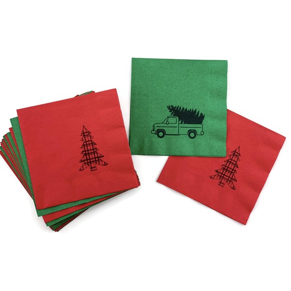 Vintage Red Truck Plaid Christmas Tree Holiday Party Beverage Napkins (24 Set)
