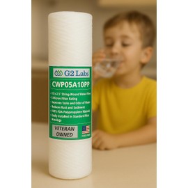 G2 Labs CWP05A10PP Polypropylene String Wound Water Filter; 10" Long, 5 Microns. Used in housings for removing sediment and contaminants in water, other liqiuids. 10"L x 2.5"D, 5 Microns.