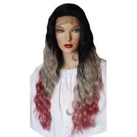Lace Front Wigs, Loose Curly Wig with Baby Hair, 28 Inches Long Wig, Ombre Black Roots to Gray and Pink Wig, Soft Lace Wig, Premium Heat Resistant Synthetic Hair replacement wigs for women.