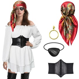 KATOLK Women Pirate Costume Dress with Corset Set - Off Shoulder Long Sleeve, Renaissance Outfit with Bandana