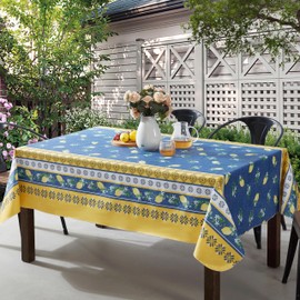 Home Bargains Plus French Country Lemon Grove Square Vinyl Tablecloth with Flannel Backing, 52 x 52 Inch, Yellow and Blue Lemons Vinyl Table Cover for Dining Party and Barbecues
