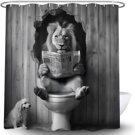 JWJAMM Funny Cool Lion Shower Curtain Grey Leo Humor Animal Reading on Toilet Masculine African American Black and White Funky Boho Country Bath Curtains with Hook,70x70 Inch