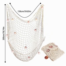Fishing Net Decoration with Shells, 150 x 200 cm, Natural Net with Shells, Mediterranean Style Nautical Fish Net for Party, Home, Wedding, Party, Photography