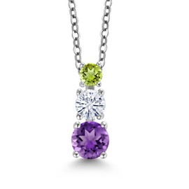Gem Stone King Rhodium Plated 3 Stone Pendant for Women & Chain  Amethyst Moissanite 0.83ct