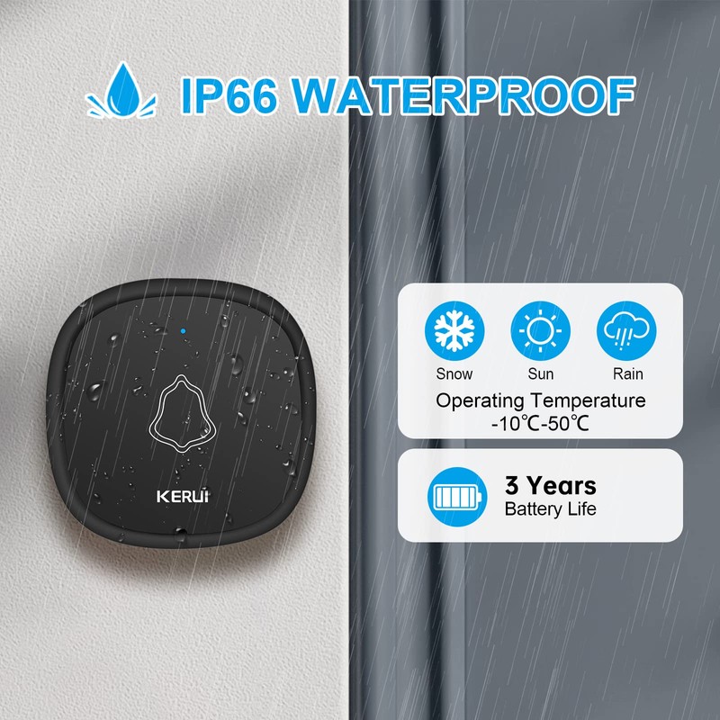 Kerui Wireless Bell 1 Transmitter 2 Receivers, Waterproof Doorbell Wireless