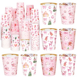 Bokon 100 Pcs Christmas Pink Bow Party Paper Cups Bulk 8 oz Pink Coquette Christmas Disposable Coffee Cups for Xmas Party Supplies