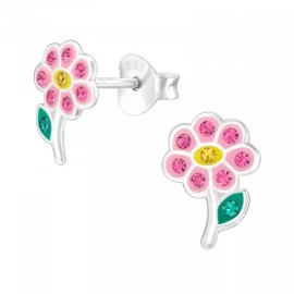 Contemporay Fashion Girls Earrings Sterling Silver Pink Stud Earrings Purple Flower Crystal Women Girls 925