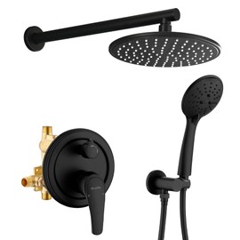 SHAMANDA Shower Faucet Set, Wall Mounted Shower System with High Pressure 9" Rain Shower head and 5-Setting Handheld Shower Head(Pressure Balance Round-In Valve and Trim Included), Matte Black, L01-7