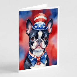 Caroline's Treasures Boston Terrier Patriotic American Greeting Cards Pack of 8 Blank Cards with Envelopes Whimsical A7 Size 5x7 Blank Note Cards