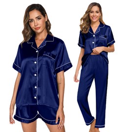 Womens 3pcs Silk Satin Pajamas Set Short Sleeve Sleepwear Classic Button Down Top and Shorts Loungewear Pj Set Navy Blue