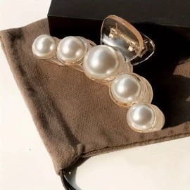 Elegant Pearl Hair Claw Clip, Large Size, Gold Metal Frame