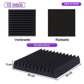 BXI Thick Acoustic Foam Panels, 30 x 30 x 5 cm, Pack of 12 Wedge-shaped Sound-Absorbing Foam Panels, Dense Sound Insulation Panels, Recording Studio Foam Absorber, Decorative 3D Wall
