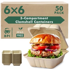 yoyomax [6x6-50Pack] 100% Compostable To Go Food Containers with Lids, Burger Box Take Out Clamshell Container, Bio Disposable | Eco Friendly | Heavy-Duty Boxes, Made of Sugarcane Fibers