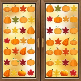 Cholemy 50 Pcs Thanksgiving Thick Gel Clings Pumpkin Maple Leaves Fall Window Decorations Removable Reusable Thanksgiving Classroom Home Window Clings Autumn Harvest Stickers for Party Supplies