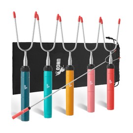 UNCO- Marshmallow Sticks for Fire Pit, 5 pcs, 34", Colorful Rotational Handles, Extendable Stainless Steel Marshmallow Roasting Sticks with Canvas Storage Bag, Skewers for Smores Skewers