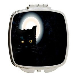 Island Gifting - Black Cat on Full Moon - Square Compact Mirror - Travel Mirror, Blackcatonfu