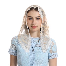 Mantveil Short Gold Embroidered Daisy Lace Chapel Veil Mantilla Triangle Veils for Church Catholic Mass Prayer Head Covering for Women