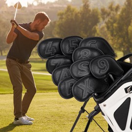 Golf Iron Covers Magnetic Wedge Covers Club Head Covers Set 10 Pieces (4-9,P,A,S,X) Black Synthetic Leather Double Sided Patch Number Left and Right